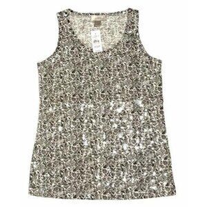 NWT LOFT Womens XSP Sequin Front Tank Top Black White Print Sleeveless Blouse